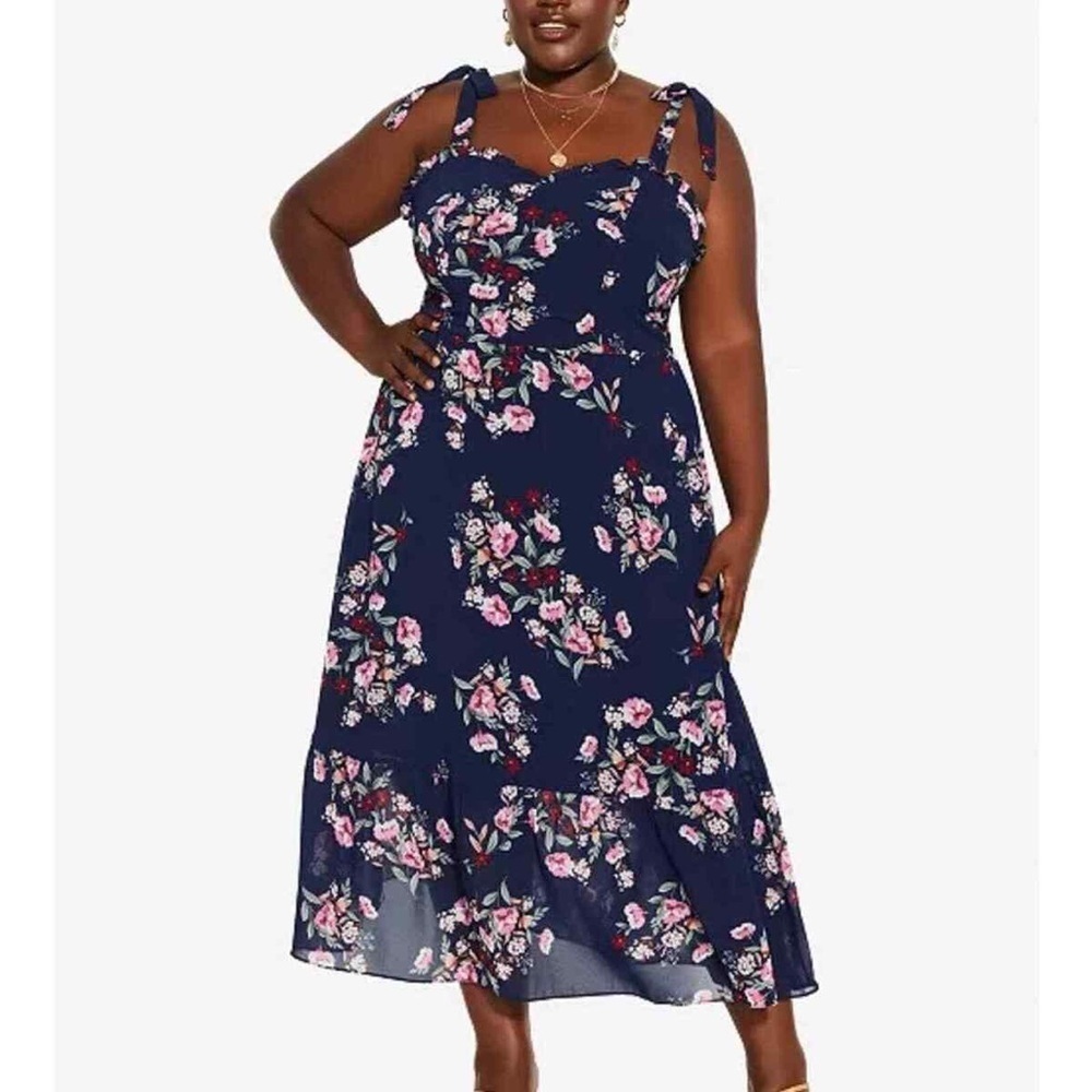 City Chic Dainty Blossom Maxi Tie Sleeve Dress - Blue Floral Size XXL 24